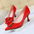 2020 new arrivals  verified supplier large size 43 heel cup metal button satin fabric high heels pump shoes women dress